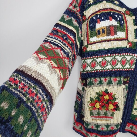 Heirloom Collectibles Christmas Sweater Large 3D Tree Poinsettias Full Zip VTG - Picture 4 of 10